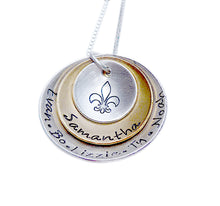 Load image into Gallery viewer, Personalized Hand Stamped Domed Brass and Sterling 3 Tiered Necklace
