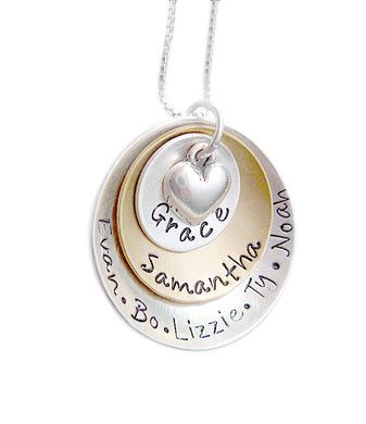 Personalized Mixed Metal Stacked and Domed with Heart Necklace