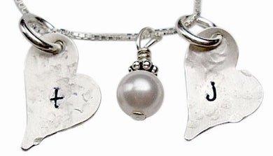 Personalized Hammered Hearts with Pearl Necklace