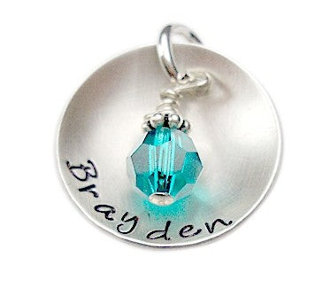 Personalized Hand Stamped Name Charm with Birthstone Dangle