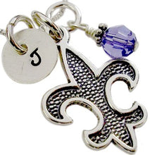 Load image into Gallery viewer, Initial Saints Fleur De Lis Necklace with Birthstone
