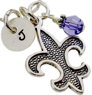 Initial Saints Fleur De Lis Necklace with Birthstone