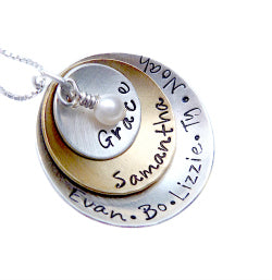 Personalized Mixed Metal Stacked and Domed Necklace with Swarovski Dangle